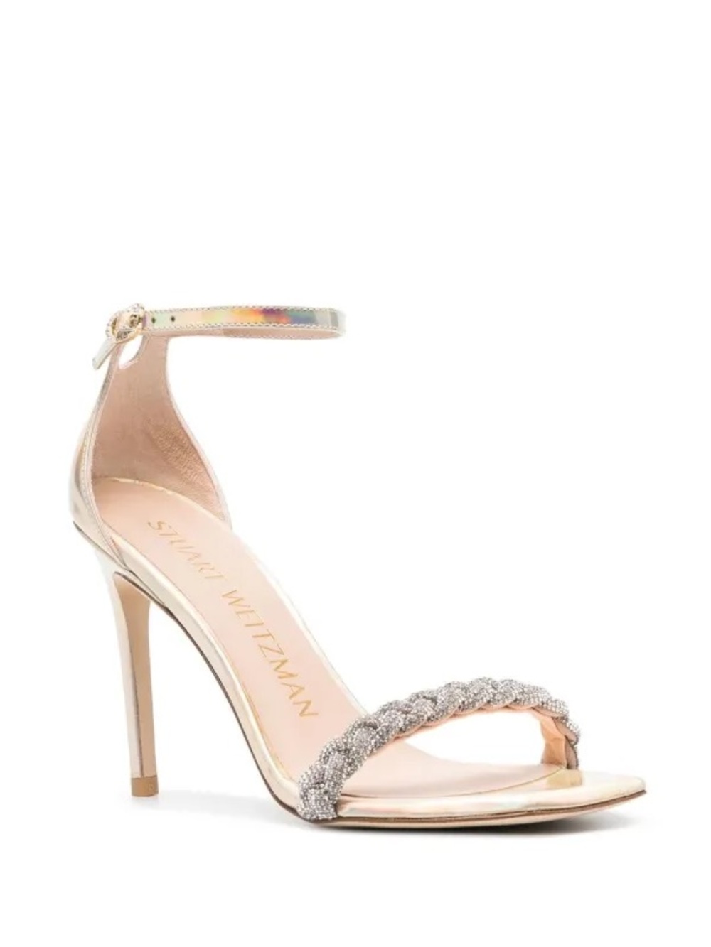 Stuart Weitzman Iridescent Rose Gold Braided Crystal Ankle-Strap Heels